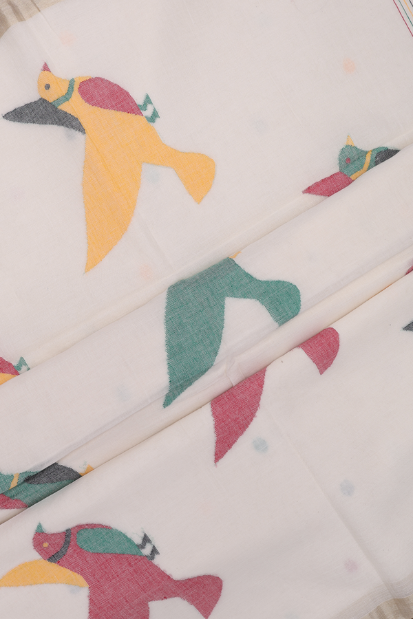Bengal Cotton Saree In White With Threadwork Buttas