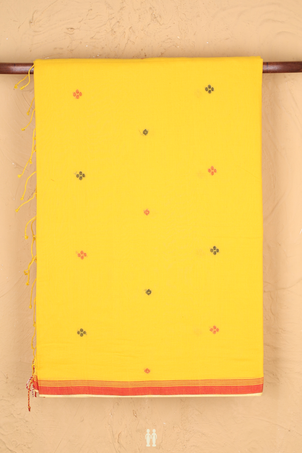 Bengal Cotton Saree In Yellow With Threadwork Buttas