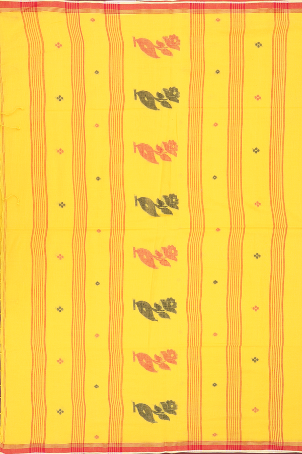 Bengal Cotton Saree In Yellow With Threadwork Buttas