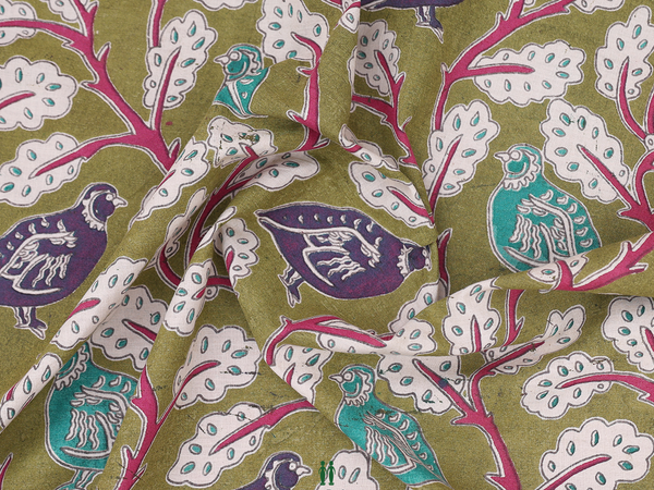 Birds Design Green Kalamkari Cotton Blouse Material