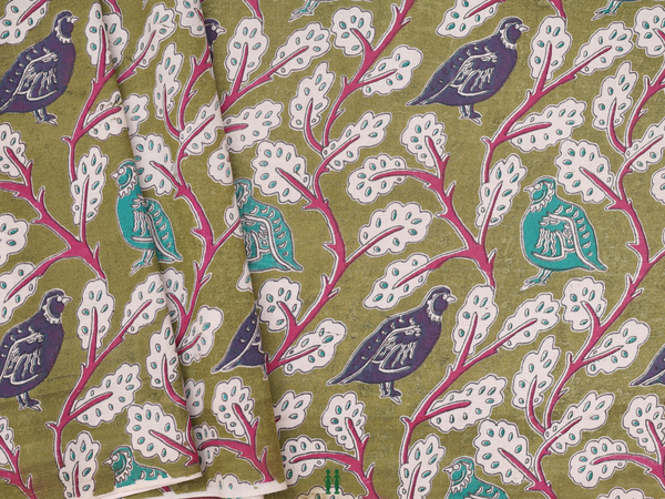 Birds Design Green Kalamkari Cotton Blouse Material