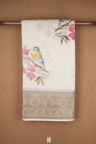 Birds Printed Ivory Chanderi Cotton Saree