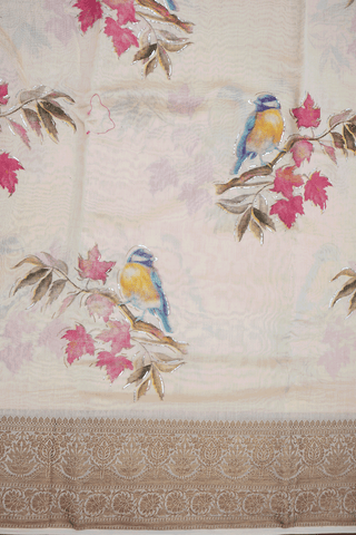 Birds Printed Ivory Chanderi Cotton Saree