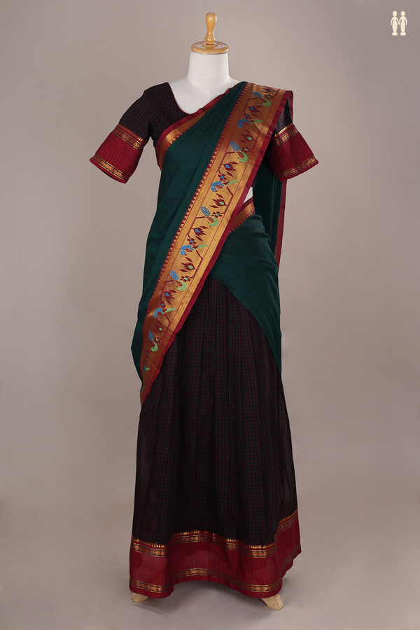 Black And Dark Green Chettinadu Cotton Readymade Half Saree