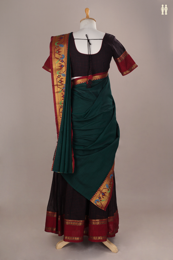 Black And Dark Green Chettinadu Cotton Readymade Half Saree