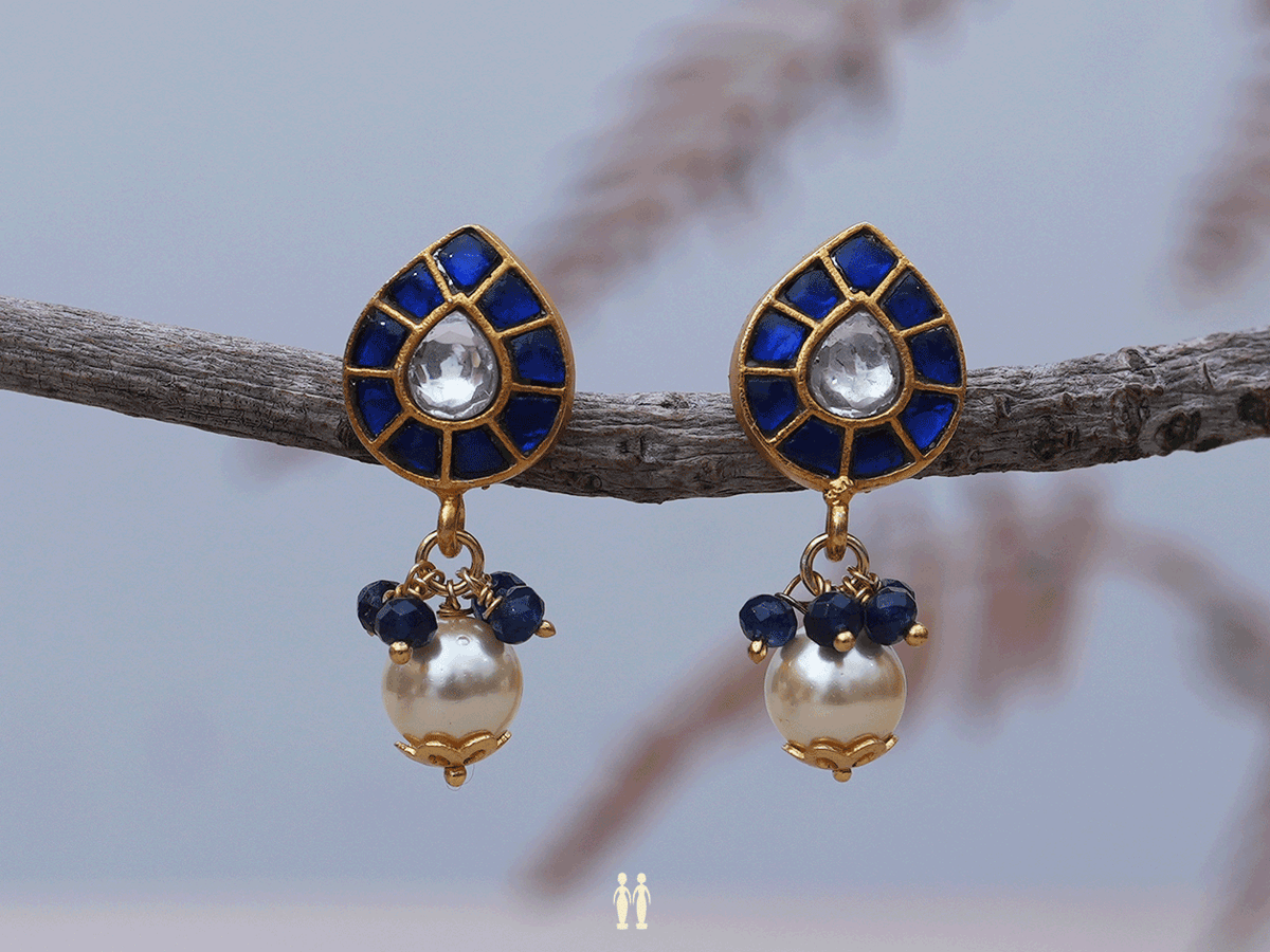 Blue And Crystal Stone Stud Gold Plated Silver Earrings