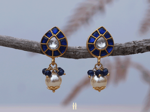 Blue And Crystal Stone Stud Gold Plated Silver Earrings