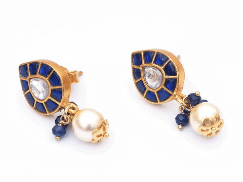 Blue And Crystal Stone Stud Gold Plated Silver Earrings