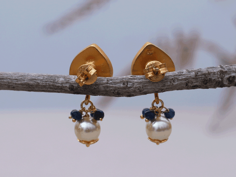 Blue And Crystal Stone Stud Gold Plated Silver Earrings