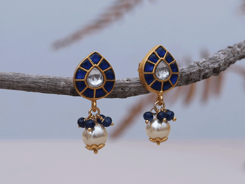 Blue And Crystal Stone Stud Gold Plated Silver Earrings