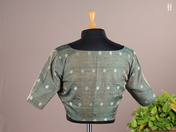 Boat Neck Floral Buttas Green Semi Raw Silk Readymade Blouse