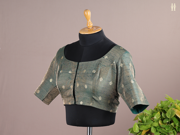 Boat Neck Floral Buttas Green Semi Raw Silk Readymade Blouse