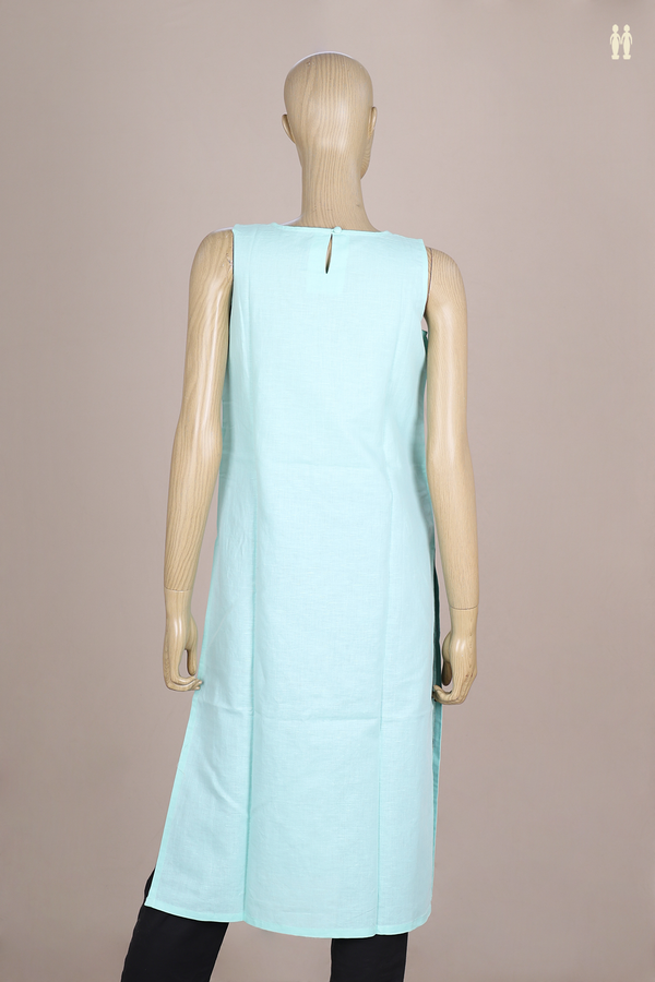 Boat Neck Floral Buttas Mint Blue Linen Long Kurta