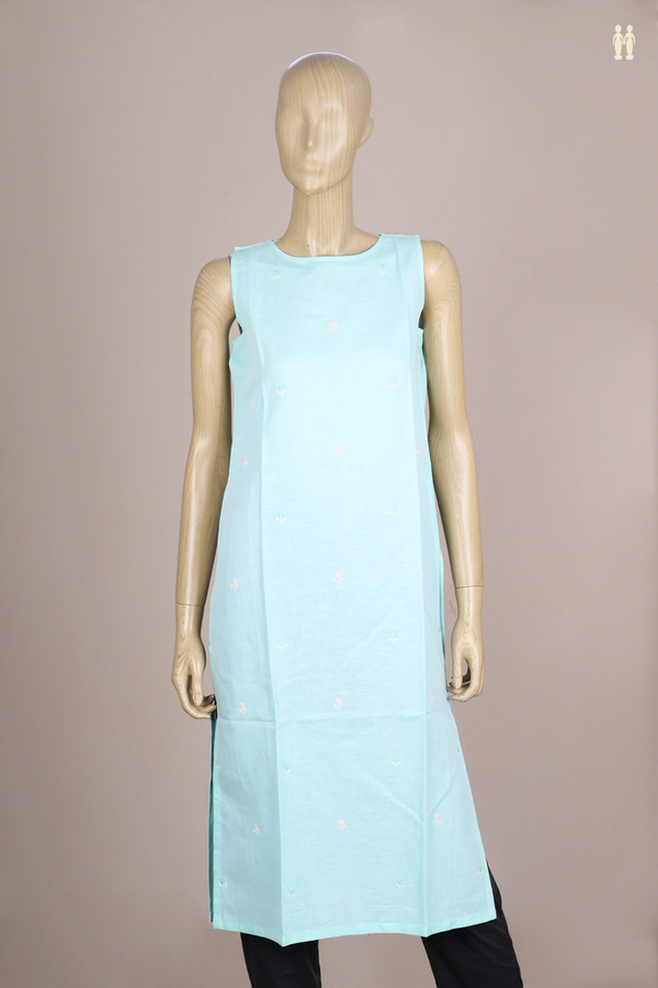 Boat Neck Floral Buttas Mint Blue Linen Long Kurta