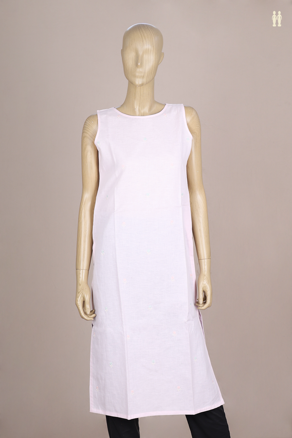 Boat Neck Floral Buttas Pale Pink Linen Long Kurta
