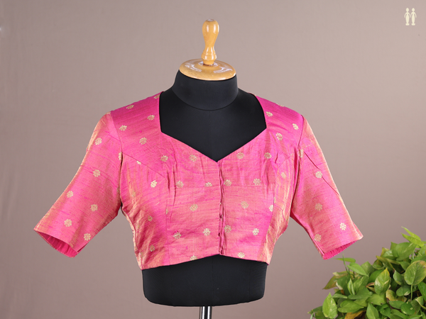 Boat Neck Floral Buttas Pink Semi Raw Silk Readymade Blouse