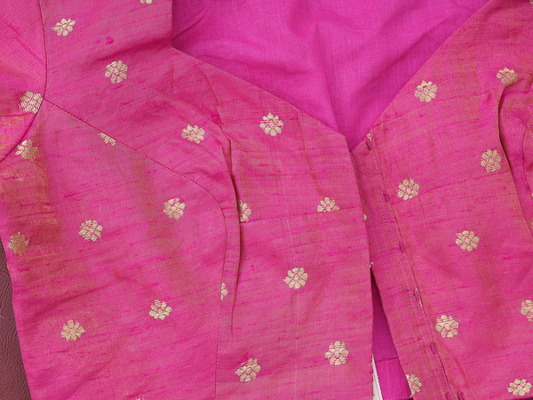 Boat Neck Floral Buttas Pink Semi Raw Silk Readymade Blouse