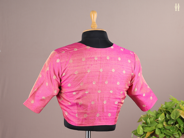 Boat Neck Floral Buttas Pink Semi Raw Silk Readymade Blouse