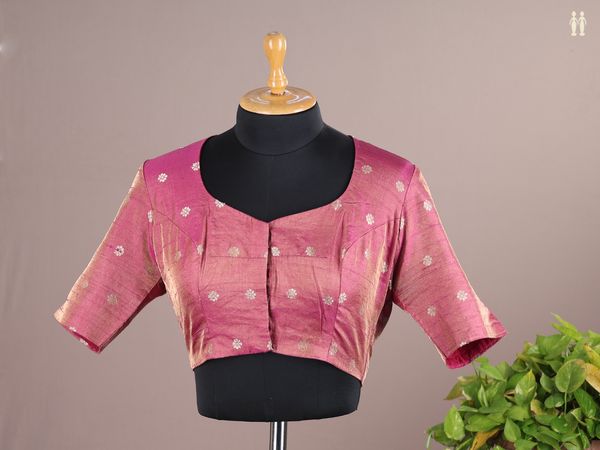 Boat Neck Floral Buttas Magenta Semi Raw Silk Readymade Blouse