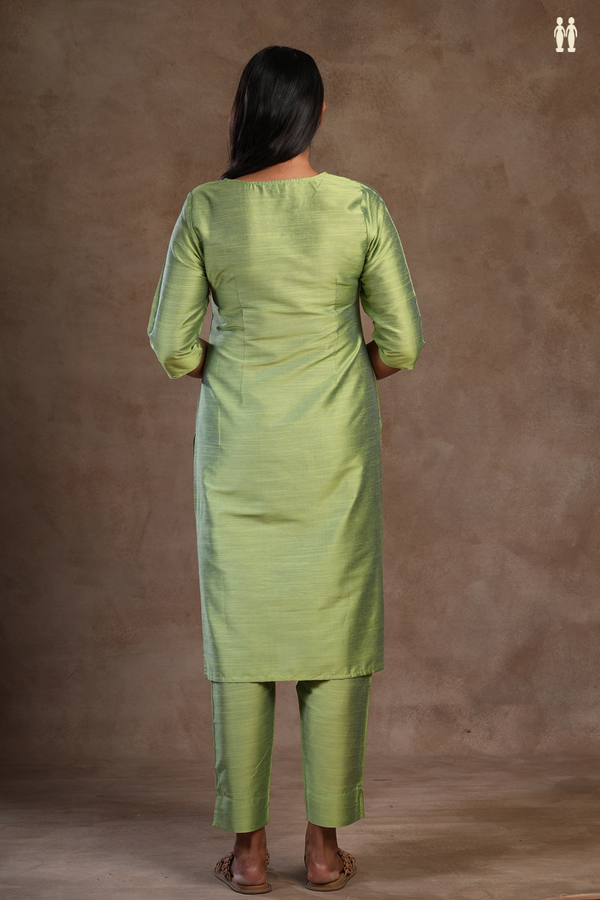 Boat Neck Floral Design Pastel Green Raw Silk Salwar Set