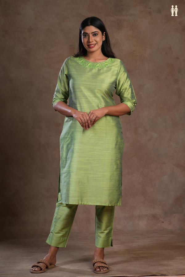 Boat Neck Floral Design Pastel Green Raw Silk Salwar Set