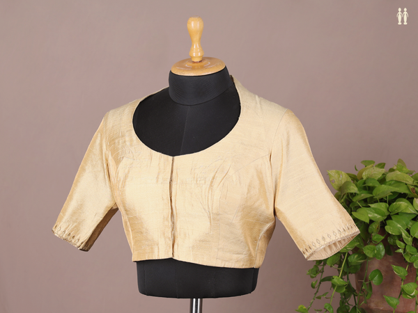 Boat Neck Plain Tan Brown Raw Silk Readymade Blouse