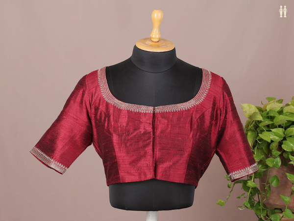 Boat Neck Plain Burgundy Red Raw Silk Readymade Blouse