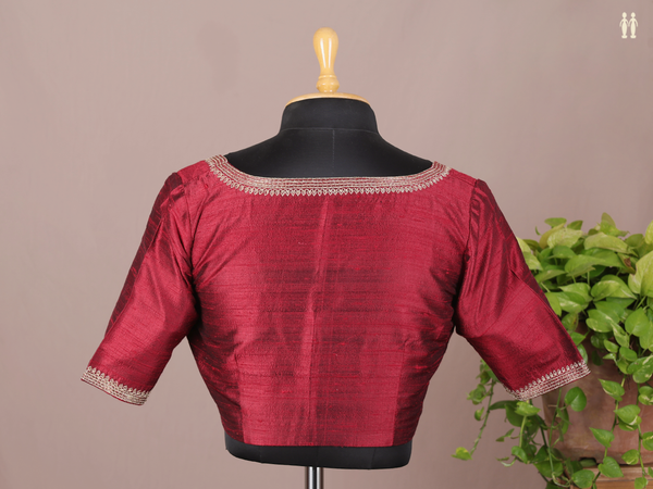 Boat Neck Plain Burgundy Red Raw Silk Readymade Blouse