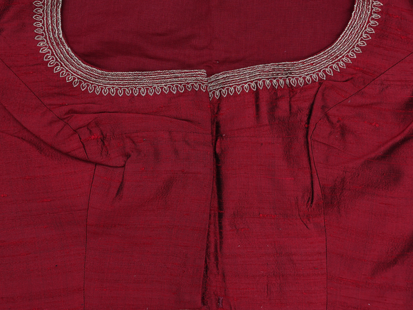 Boat Neck Plain Burgundy Red Raw Silk Readymade Blouse