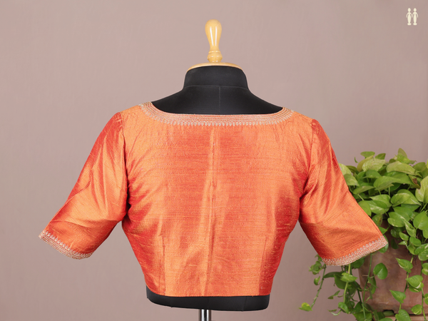 Boat Neck Plain Burnt Orange Raw Silk Readymade Blouse