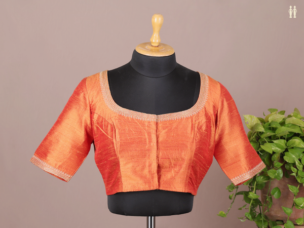 Boat Neck Plain Burnt Orange Raw Silk Readymade Blouse