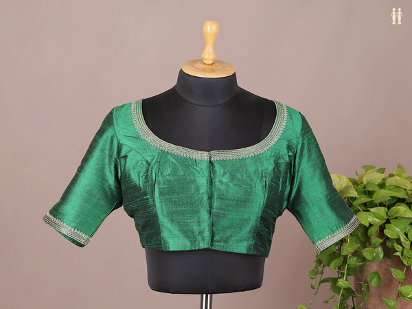 Boat Neck Plain Emerald Green Raw Silk Readymade Blouse
