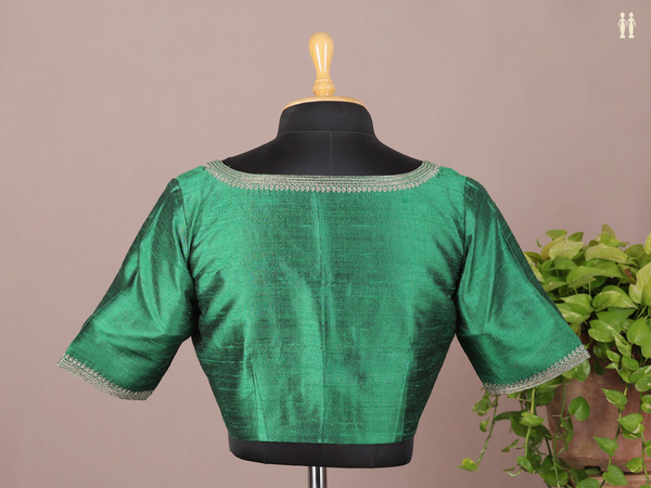 Boat Neck Plain Emerald Green Raw Silk Readymade Blouse