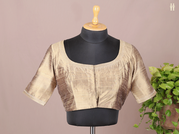 Boat Neck Plain Dusty Khaki Raw Silk Readymade Blouse