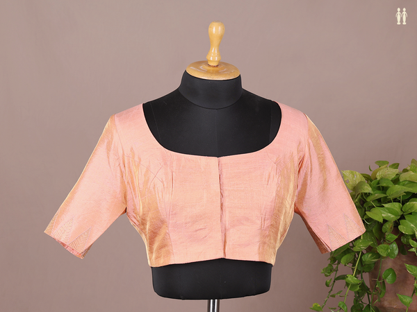 Boat Neck Plain Peach Raw Silk Readymade Blouse