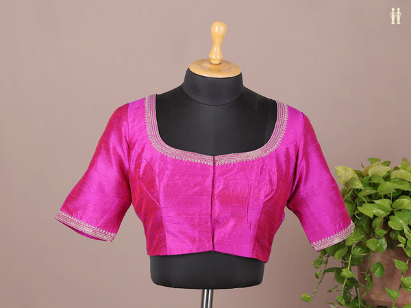Boat Neck Plain Purple Rose Raw Silk Readymade Blouse
