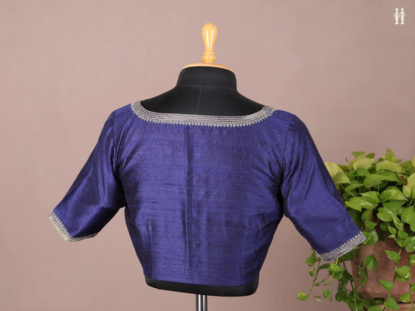 Boat Neck Plain Royal Blue Raw Silk Readymade Blouse