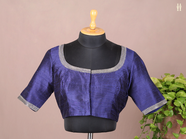 Boat Neck Plain Royal Blue Raw Silk Readymade Blouse
