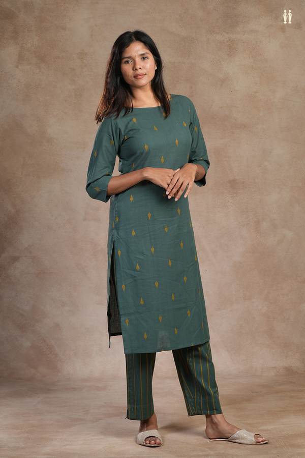 Boat Neck Threadwork Buttas Sage Green Dobby Cotton Salwar Set