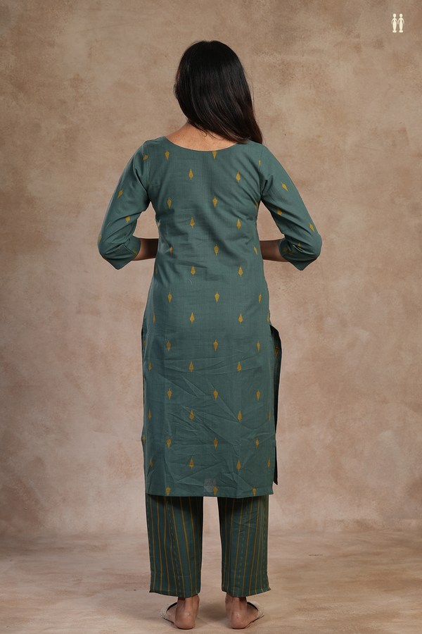 Boat Neck Threadwork Buttas Sage Green Dobby Cotton Salwar Set