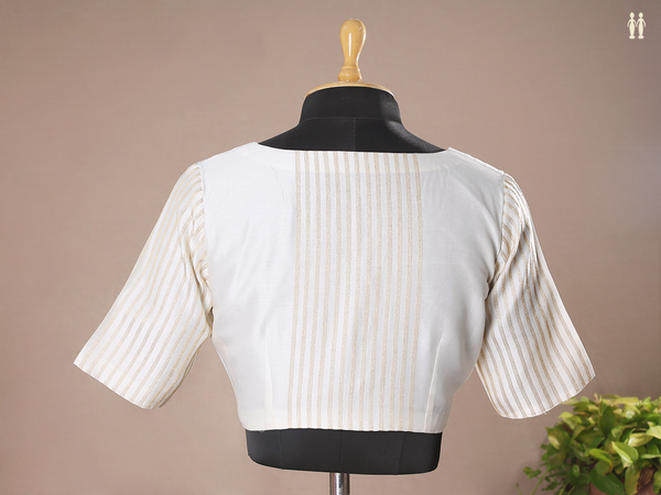 Boat Neck With Stripes Design White Chanderi Readymade Blouse