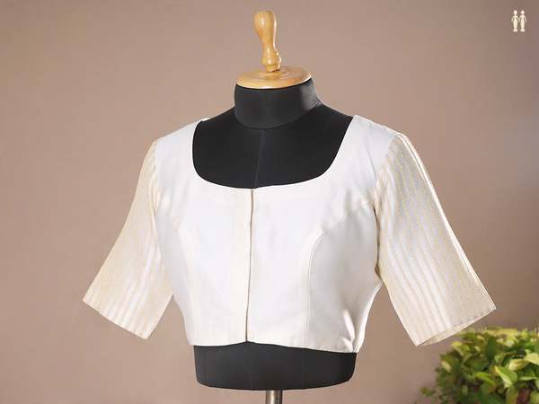 Boat Neck With Stripes Design White Chanderi Readymade Blouse