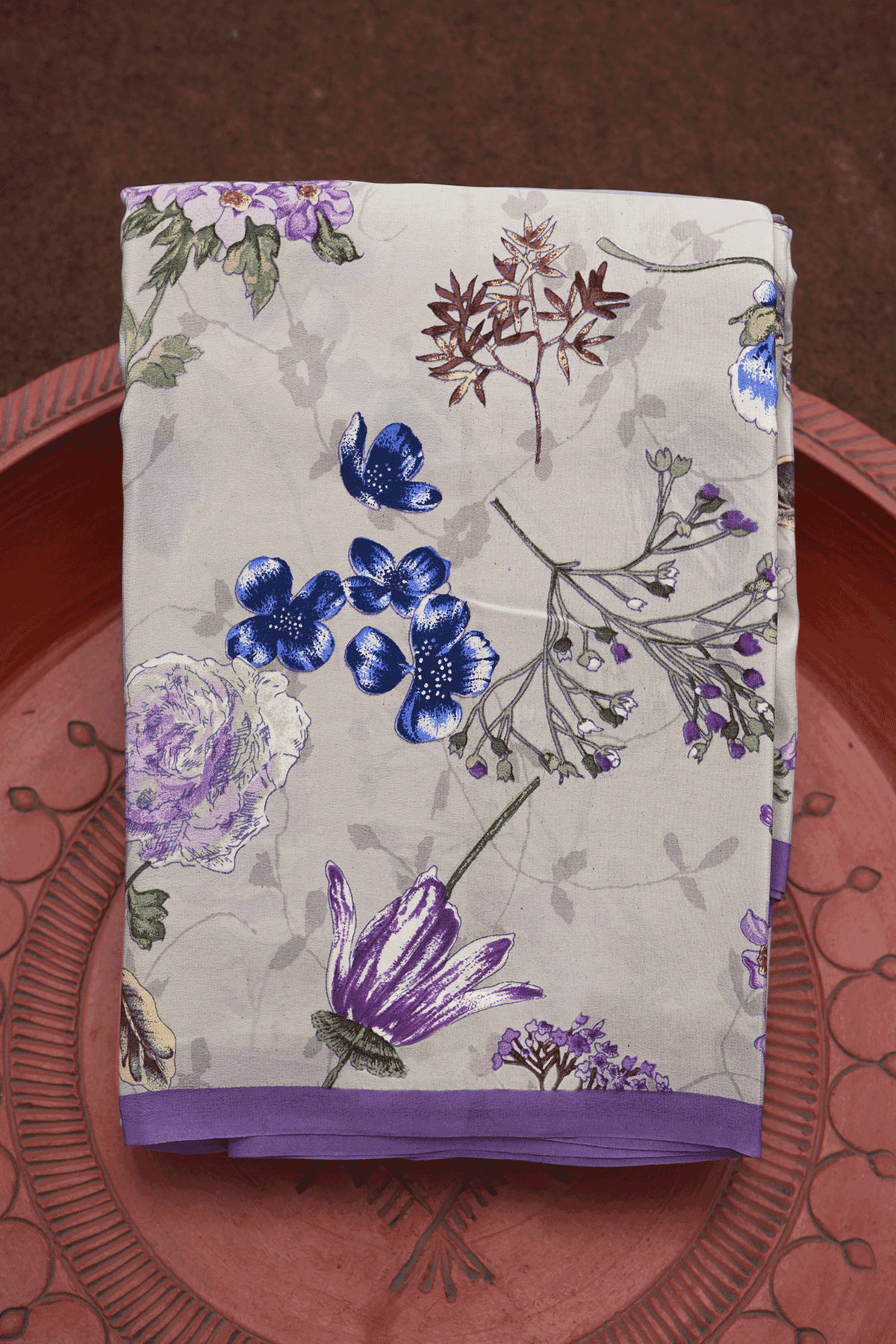 Botanical Printed Design Cream Purple Crepe Saree