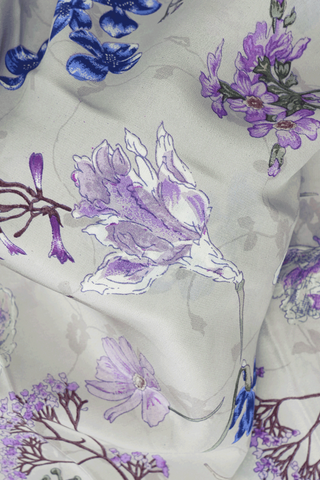 Botanical Printed Design Cream Purple Crepe Saree
