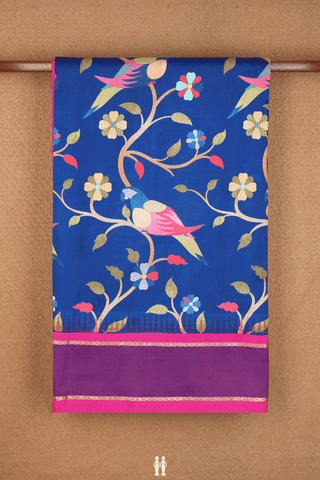 Botanical Printed Design Royal Blue Kanchipuram Silk Saree