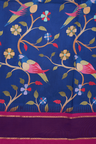 Botanical Printed Design Royal Blue Kanchipuram Silk Saree