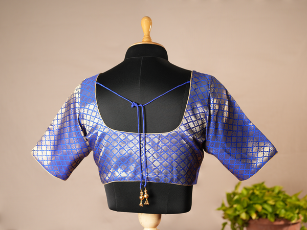 Brocade Pattern Royal Blue Semi Banaras Readymade Blouse