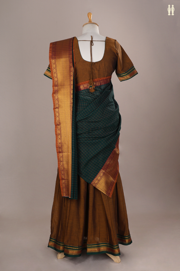Brown And Green Chettinadu Cotton Readymade Half Saree