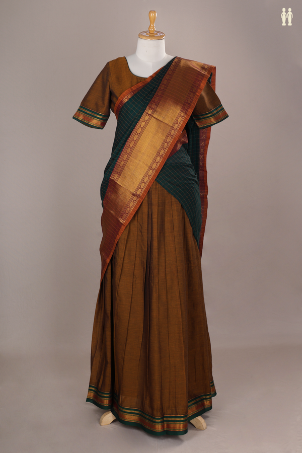 Brown And Green Chettinadu Cotton Readymade Half Saree