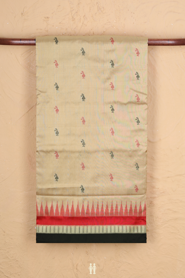 Pochampally Silk Saree In Khaki With Threadwork Buttas